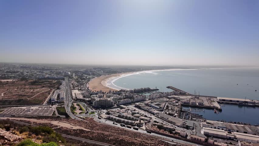 Agadir city Morocco hilltop view top landscape Atlantic ocean bay aerial travel holiday destination