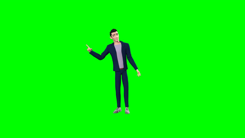 3D Green Screen Animation of Young Man Haru Pointing – Versatile Asset for Digital Creators.Energetic 3D animation of young man Haru pointing forward, perfect for presentations, marketing, tutorials, 