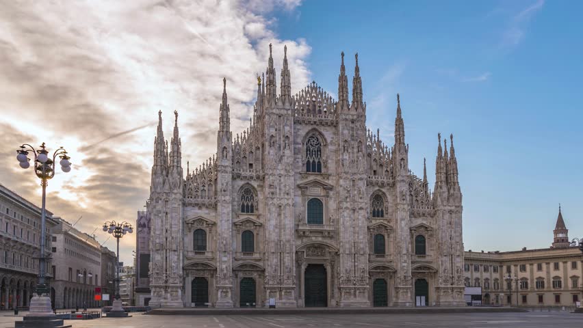 Milan Italy time lapse sunrise city skyline at Milano Duomo Cathedral