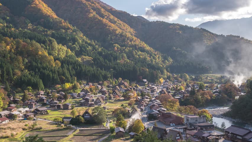 Shirakawago village Gifu Japan time lapse Historical Japanese traditional Gassho house at Shirakawa village autumn foliage