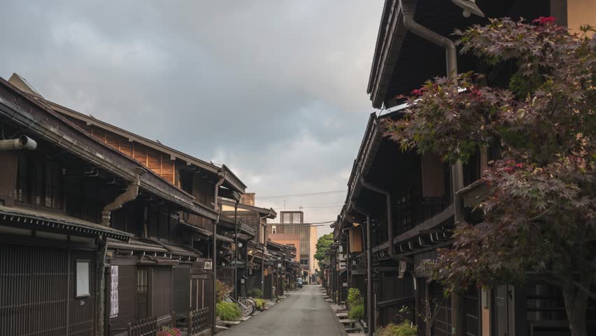 Takayama Gifu Japan time lapse city skyline at old town Sannomachi street in autumn season