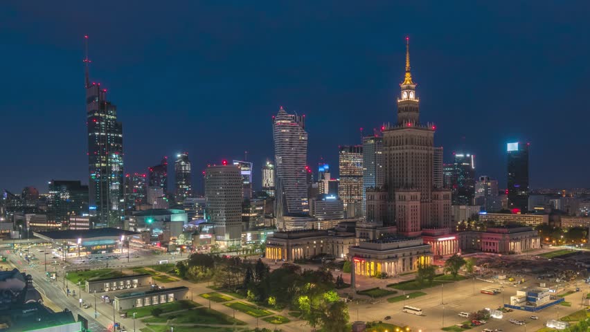 Warsaw Poland time lapse high angle view night to day city skyline at Centrum Square downtown business district