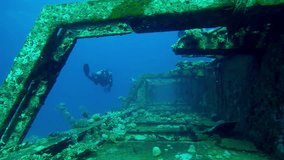 Scuba divers swim above corridor of upper deck in wreckship of Salem Express ferry, Slow motion of divers swims over hallway on deck of sunken ship - Powered by Shutterstock - Get 15% off with code: PIKWIZARD15