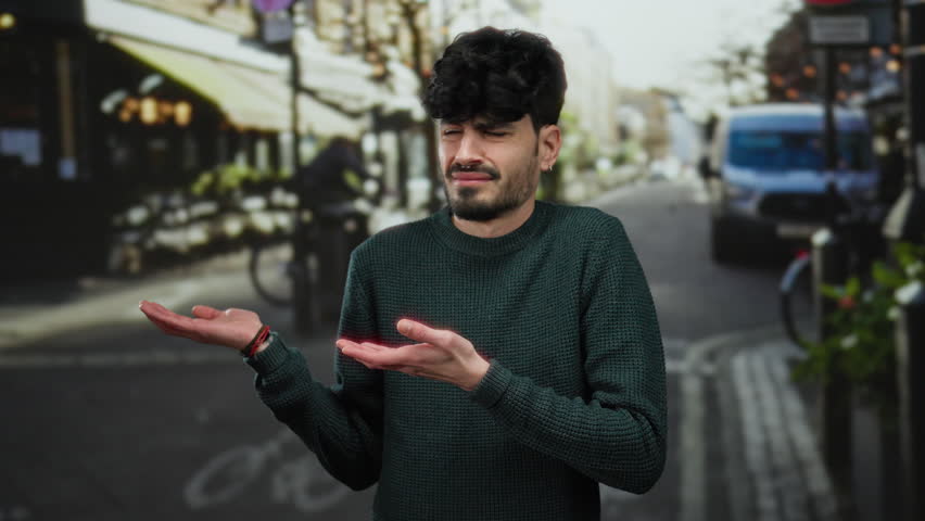 Man shrugging in urban street setting conveys confusion or uncertainty while standing outdoors in city environment with casual style and expression of bemusement.