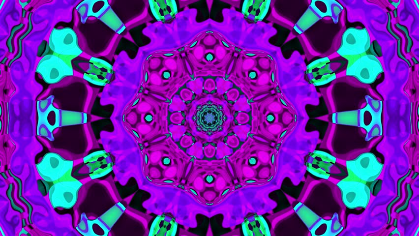 A psychedelic kaleidoscope artwork featuring trippy neon colors arranged in intricate stained glass patterns