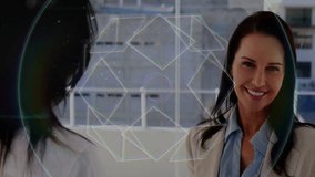 businesswomen extending handshake on rooftop initiating partnership with rotating geometric overlay. Collaboration, professionalism, networking, enterprise, innovation, motivation, leadership - Powered by Shutterstock - Get 15% off with code: PIKWIZARD15