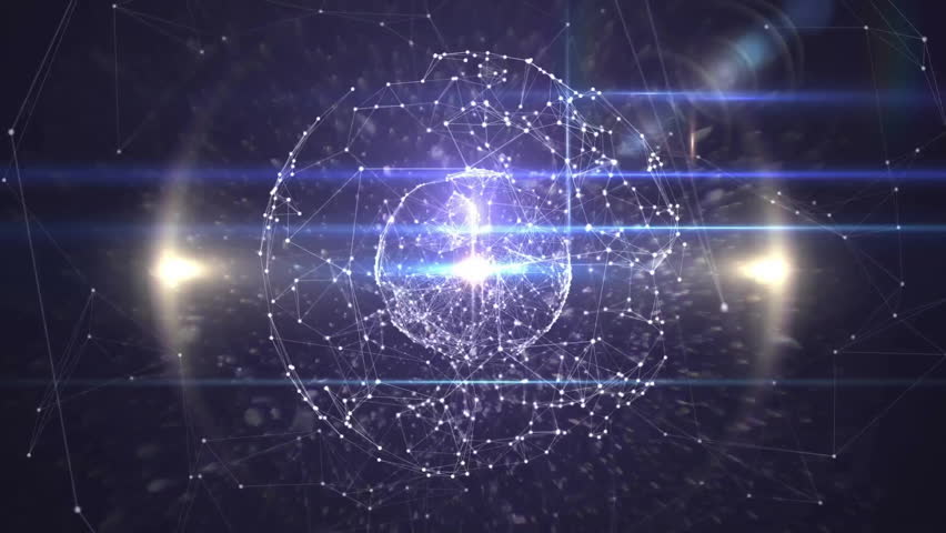 Node cluster coalescing into wireframe sphere, pulsing expanding HUD rings visualizing user network. Futuristic, digital, abstract, spatial, technological, connectivity, dynamic