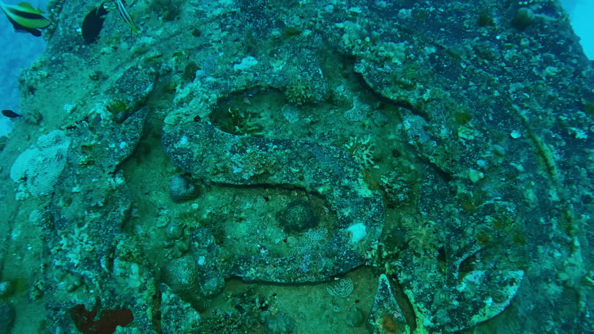 Close-up of coral-covered coat of arms on steam pipe of Salem Express ferry, Wreckship in Red Sea, Slow motion, Forward movement, Details of sunken ship in the depth sea