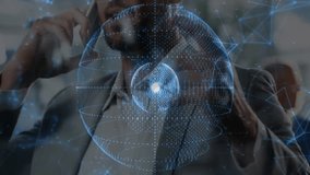 Businessman listening on smartphone as hologram globe emerging and data nodes linking for analytics. Futuristic, technology, connectivity, innovation, digital, modern, communication - Powered by Shutterstock - Get 15% off with code: PIKWIZARD15