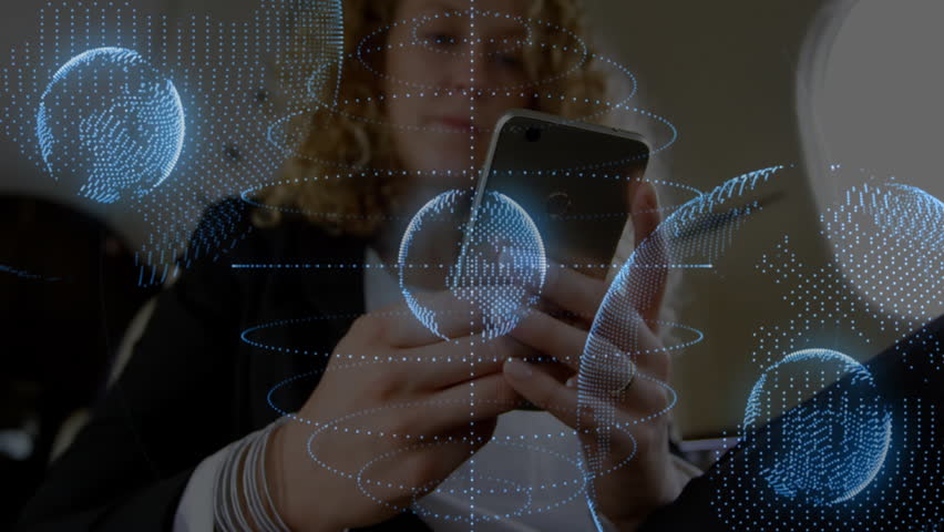 Businesswoman tapping smartphone in airplane cabin, activating moving blue globes for data analysis. Technology, innovation, connectivity, digital, corporate, futuristic, communication - Powered by Shutterstock - Get 15% off with code: PIKWIZARD15