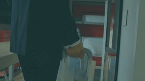 Businessman entering room starting hologram scan plugging earphones scrolling smartphone to call. Futuristic, technology, corporate, modern, urban, professional, high-tech - Powered by Shutterstock - Get 15% off with code: PIKWIZARD15