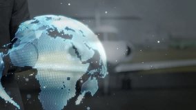 Businessman tapping tablet, activating 3D globe mapping flight routes in hangar beside private jet. Technology, innovation, aerospace, connectivity, corporate, futuristic, network - Powered by Shutterstock - Get 15% off with code: PIKWIZARD15