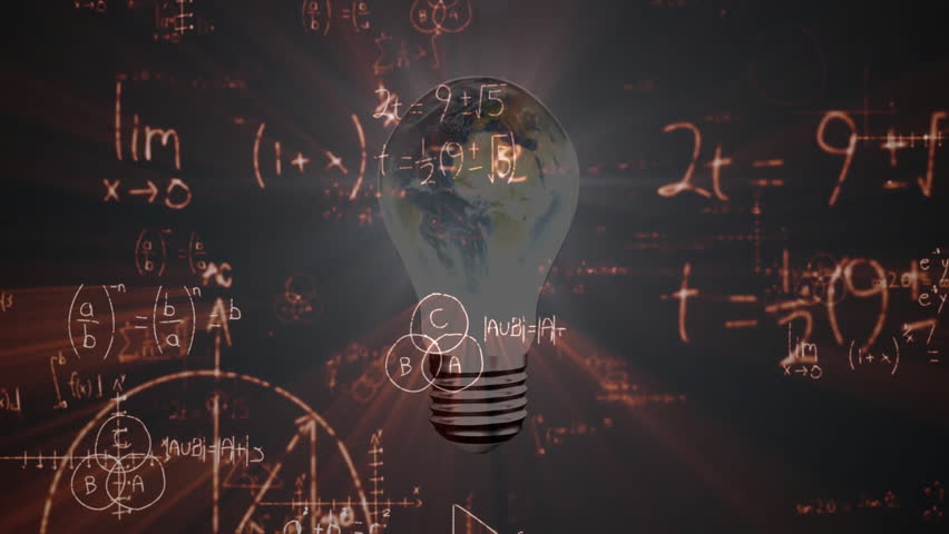 Upon opening dark space, bulb glowing, formulas drifting, globe rotating, visualizing knowledge. Digital, innovation, visualization, conceptual, futuristic, educational, scientific