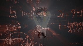 Upon opening dark space, bulb glowing, formulas drifting, globe rotating, visualizing knowledge. Digital, innovation, visualization, conceptual, futuristic, educational, scientific - Powered by Shutterstock - Get 15% off with code: PIKWIZARD15