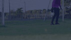 Teenage goalkeeper scanning incoming shot crouching while tech overlay scrolling and saving goal. Athlete, sport, competition, dynamic, outdoor, adrenaline, digital - Powered by Shutterstock - Get 15% off with code: PIKWIZARD15