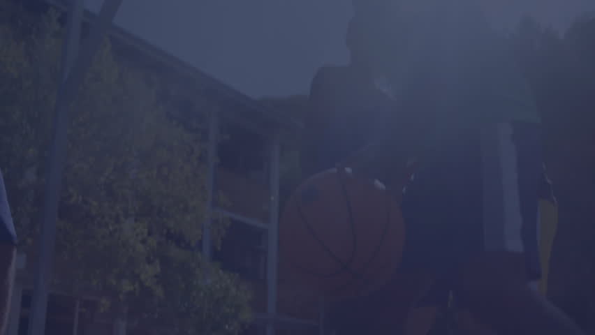 Dribbler approaching hoop causing overlay error log with blue bars analyzing for sports technology. Athletics, competition, digital, data, technology, teamwork, urban - Powered by Shutterstock - Get 15% off with code: PIKWIZARD15