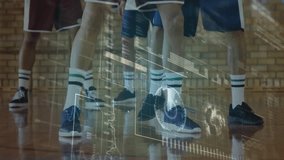 Camera pulling back activating sports data overlays as red player dribbling evading defender. Athletics, teamwork, competition, digital integration, sports analytics, training, motion - Powered by Shutterstock - Get 15% off with code: PIKWIZARD15