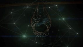 Ball entering causing player's arms dunking basketball into wireframe hoop in sports tech showcase. Futuristic, digital, neon, virtual, network, energetic, high-tech - Powered by Shutterstock - Get 15% off with code: PIKWIZARD15