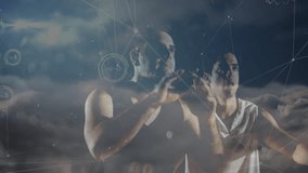 Basketball players dribbling defender stealing shooting ball into hoop with overlay for scoring. Athletic, competition, digital, futuristic, high-tech, game, motion - Powered by Shutterstock - Get 15% off with code: PIKWIZARD15