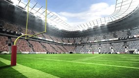 Opening stadium view camera panning across turf to yellow goalpost under sunlight to reveal crowd. Stadium, arena, sport, competition, athletic, outdoor, spectators - Powered by Shutterstock - Get 15% off with code: PIKWIZARD15