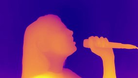 Vibrant abstract image showing a heatmap-style silhouette of a person singing into a microphone, rendered in gradient colors from purple to yellow. - Powered by Shutterstock - Get 15% off with code: PIKWIZARD15