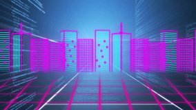 Central light pulsing triggers code streams scrolling in while neon grid gliding to show data city. Futuristic, digital, technology, neon, cyberpunk, abstract, innovation - Powered by Shutterstock - Get 15% off with code: PIKWIZARD15