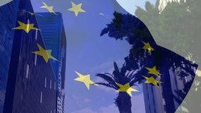 Starting fade-in eu flag overlay on city skyscrapers, waving and shifting stars symbolizing unity. Monumental, patriotic, modern, vibrant, architecture, urban, dynamic - Powered by Shutterstock - Get 15% off with code: PIKWIZARD15