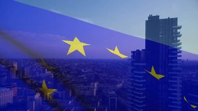 Waving EU flag initiating reveal of residential tower and city skyline for urban branding. Urban, modern, skyline, high-rise, architecture, cityscape, twilight - Powered by Shutterstock - Get 15% off with code: PIKWIZARD15