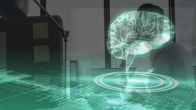 Researcher observing rotating holographic brain at desk on interface activation for tech research. Technology, innovation, futurism, data visualization, biometric, digital interface, sci-fi - Powered by Shutterstock - Get 15% off with code: PIKWIZARD15