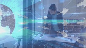 Engineer unfolding blueprints at table as overlays fading in and studying wind turbine design. Innovation, technology, engineering, design, futurism, sustainability, digital - Powered by Shutterstock - Get 15% off with code: PIKWIZARD15