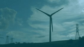 Over grid overlay, wind turbine with power towers charting red and blue lines marking energy output. Renewable, sustainability, data visualization, infrastructure, blueprints, technology, environment - Powered by Shutterstock - Get 15% off with code: PIKWIZARD15