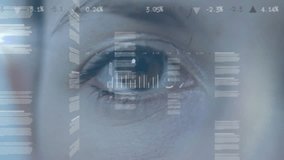 Eye viewing AR interface in lab with pulsing radar rings, scanning bar chart and line graph. Futuristic, technology, innovation, data visualization, digital, interface, connectivity - Powered by Shutterstock - Get 15% off with code: PIKWIZARD15