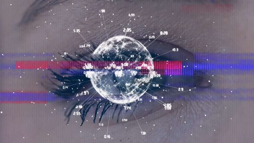 female eye twitching initiating rotating tech globe visualizing analytics with glitch bars. Futuristic, technology, data, digital, innovation, abstract, cyber