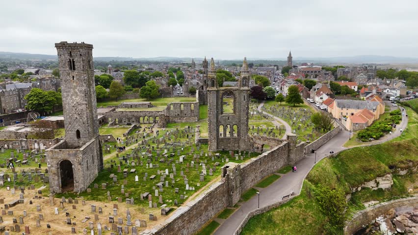 Bird's-eye view of St Andrews Cathedral ruins in Scotland, United Kingdom