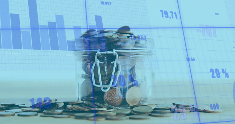 Off-screen source releasing coins into jar, visualizing savings growth through blue data overlay. Finance, savings, investment, growth, analytics, economy, wealth