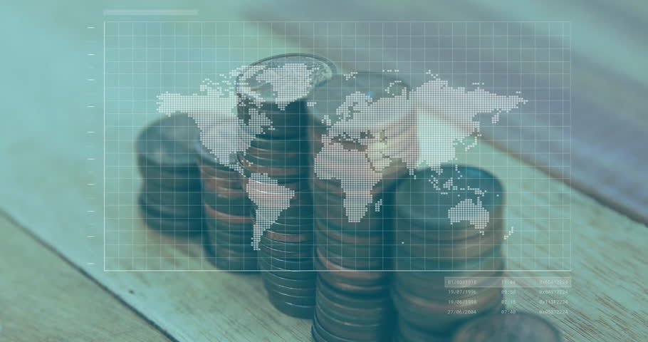 Coins starting overlay fading, chart rising with markers linking global targets, overlay returning. Finance, investment, globalization, data visualization, financial growth, economic analysis,