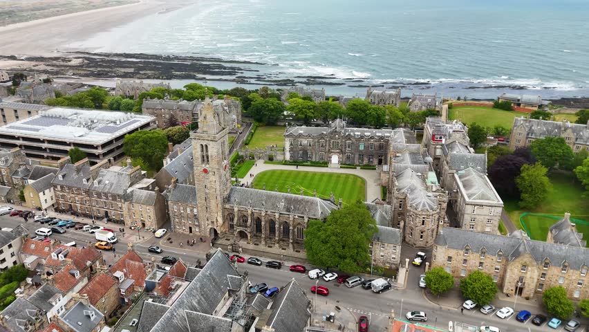 Drone view of the University of St Andrews buildings in Scotland, UK