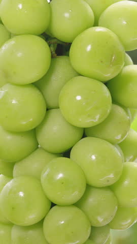 Japanese Green Grape Cluster Rotating Smoothly in Natural Outdoor Light with Trees Swaying in Background from Front Angle, Premium Fruit Concept.