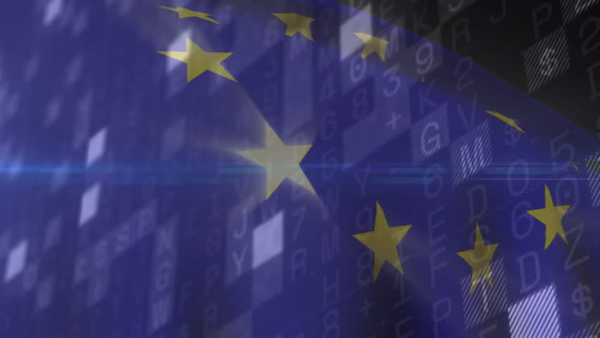 Blue grid scrolling starting 3D globe rotating EU stars drifting years sliding visualizing timeline. Technology, data visualization, innovation, digital, futuristic, global, analytics