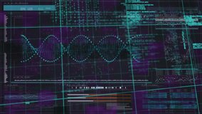 Purple grid initiating teal helix pulsing and glitching while code streams animating data cycle. Futuristic, digital, cyber, data, technology, visualization, abstract - Powered by Shutterstock - Get 15% off with code: PIKWIZARD15