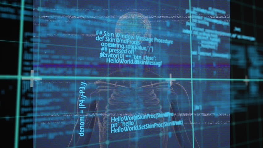 Upon code overlay, holographic wireframe skeleton figure glitching shifting to reveal glowing brain. Holographic, futurism, digital, biotech, visualization, innovation, interface - Powered by Shutterstock - Get 15% off with code: PIKWIZARD15