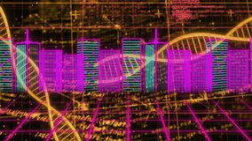 Glowing DNA helix emerging from right, rotating over grid, code text stacking showing data flow. Futuristic, digital, neon, technology, innovation, cyberpunk, data - Powered by Shutterstock - Get 15% off with code: PIKWIZARD15