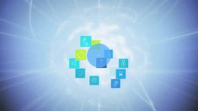 Central circle appearing sending lines spawning rotating icons forming network showing connectivity. Digital, networking, connectivity, technology, innovation, abstract, futuristic - Powered by Shutterstock - Get 15% off with code: PIKWIZARD15