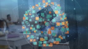 Teacher pointing tablet and launching AR educational sphere while students observing icons swirling. Educational, augmented reality, classroom, technology, learning, innovation, interaction - Powered by Shutterstock - Get 15% off with code: PIKWIZARD15