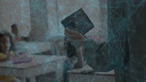 Teacher holding tablet showing lesson, student leaning and raising hand with animated question mark. Education, classroom, learning, engagement, technology, mentorship, instruction - Powered by Shutterstock - Get 15% off with code: PIKWIZARD15