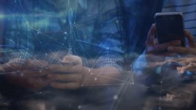 Cloud overlay with network lines drifting starting camera focusing on scrolling and tapping phones. Technology, connectivity, digital, communication, innovation, networking, modern - Powered by Shutterstock - Get 15% off with code: PIKWIZARD15