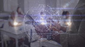 Teacher tapping phone in classroom and showing rotating globe above palm while students observing. Education, technology, innovation, digital, interactive, learning, classroom - Powered by Shutterstock - Get 15% off with code: PIKWIZARD15