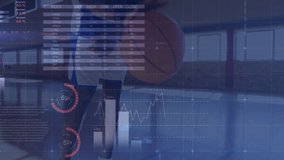 Basketball player switching ball to left hand and dribbling while sports dashboard updating metrics. Athletic, data-driven, futuristic, performance, analysis, technology, motion - Powered by Shutterstock - Get 15% off with code: PIKWIZARD15