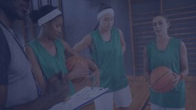 Coach gesturing clipboard guiding players through basketball analytics with 3D grid and rising bars. Coach, players, sports, analytics, data, basketball, training - Powered by Shutterstock - Get 15% off with code: PIKWIZARD15