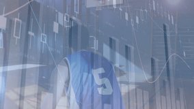 Adult male player releasing basketball shot, finance charts rising dipping showing momentum in gym. Sports, finance, visualization, data, performance, fitness, analytics - Powered by Shutterstock - Get 15% off with code: PIKWIZARD15